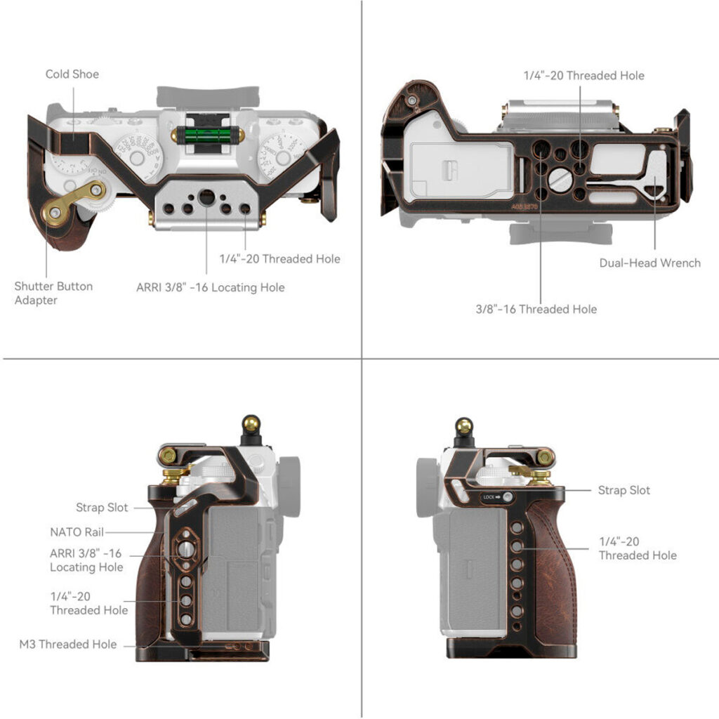 SmallRig-3870-3 Kommentoitu kaavio SmallRig 3870 Cage Retro Fujifilm X-T5:lle, jossa näkyvät merkityt ominaisuudet: kylmäkenkä, suljinpainikesovitin, paikoitusreiät, kierrereiät, kaksoispääavain, NATO-kisko, hihna-aukko ja näkymät useista eri kuvakulmista.