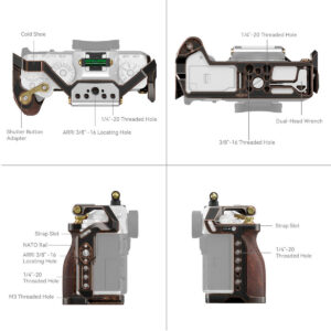 SmallRig-3870-3 Kommentoitu kaavio SmallRig 3870 Cage Retro Fujifilm X-T5:lle, jossa näkyvät merkityt ominaisuudet: kylmäkenkä, suljinpainikesovitin, paikoitusreiät, kierrereiät, kaksoispääavain, NATO-kisko, hihna-aukko ja näkymät useista eri kuvakulmista.