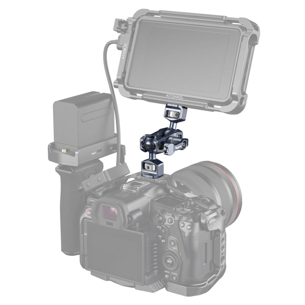 SmallRig-3873-2 The SmallRig 3873 Magic Arm with Dual Ball Head (1/4"-20 screws) camera arm securely attaches an external monitor, and a close-up of the articulating arm used to attach the monitor to the assembly.