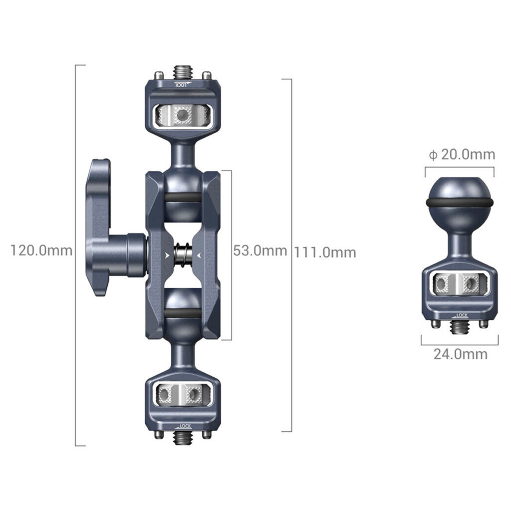 SmallRig-3873-3 Diagram of SmallRig 3873 Magic Arm with two ball ends (1/4"-20 screws), front and side images, height 120 mm, centre 53 mm or 111 mm, ball diameter 20 mm and base width 24 mm.