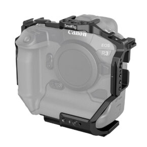 SmallRig-3884 The Canon EOS R3 camera is fitted with a black SmallRig 3884 Cage, which features several mounting points for accessories; the camera is partially visible to demonstrate the cage’s design and fit.