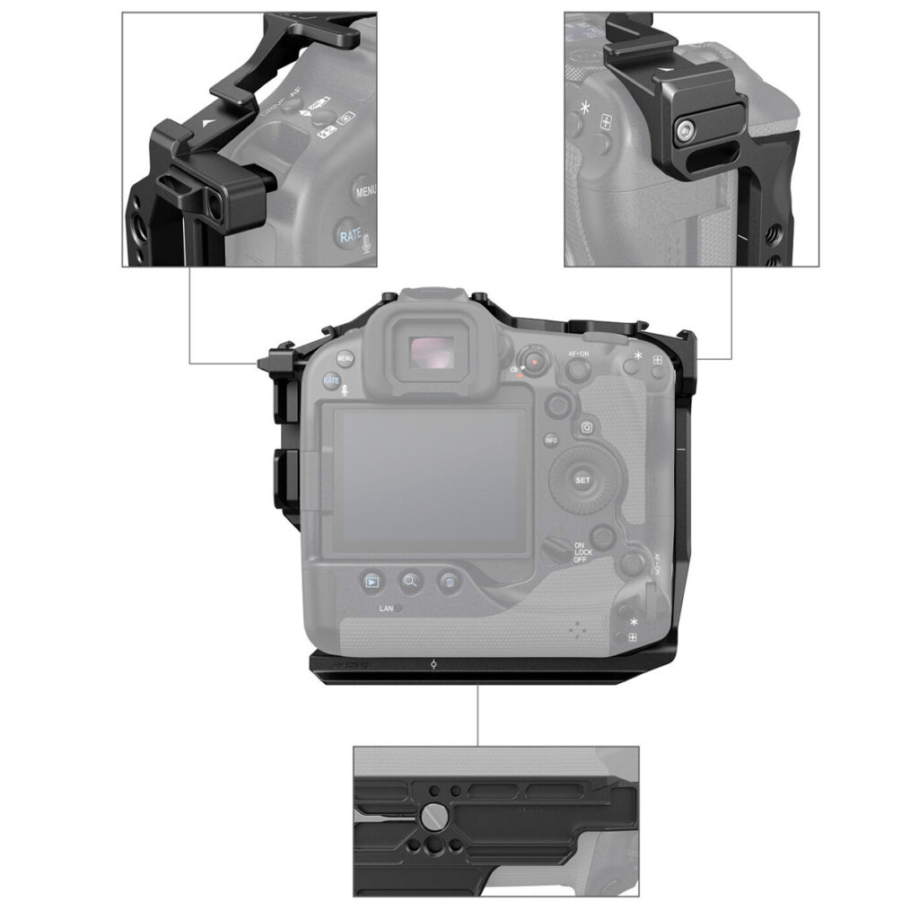SmallRig-3884-3 Canon EOS R3 -kameran takanäkymä, johon on kiinnitetty SmallRig 3884 Cage, mukaan lukien kolme zoomattua sisäkuvaa, jotka korostavat yksityiskohtia häkin kulmista ja pohjakiinnitysalueesta.