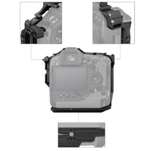 SmallRig-3884-3 Canon EOS R3 -kameran takanäkymä, johon on kiinnitetty SmallRig 3884 Cage, mukaan lukien kolme zoomattua sisäkuvaa, jotka korostavat yksityiskohtia häkin kulmista ja pohjakiinnitysalueesta.