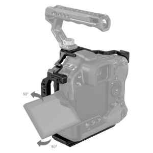 SmallRig-3884-6 Kaavio SmallRig 3884 Cage for Canon EOS R3 -laitteesta asennettuna DSLR-kameraan, jossa takanäyttö on kallistettu ulospäin 50 asteen kulmassa ja nuolet osoittavat sen liikealueen.