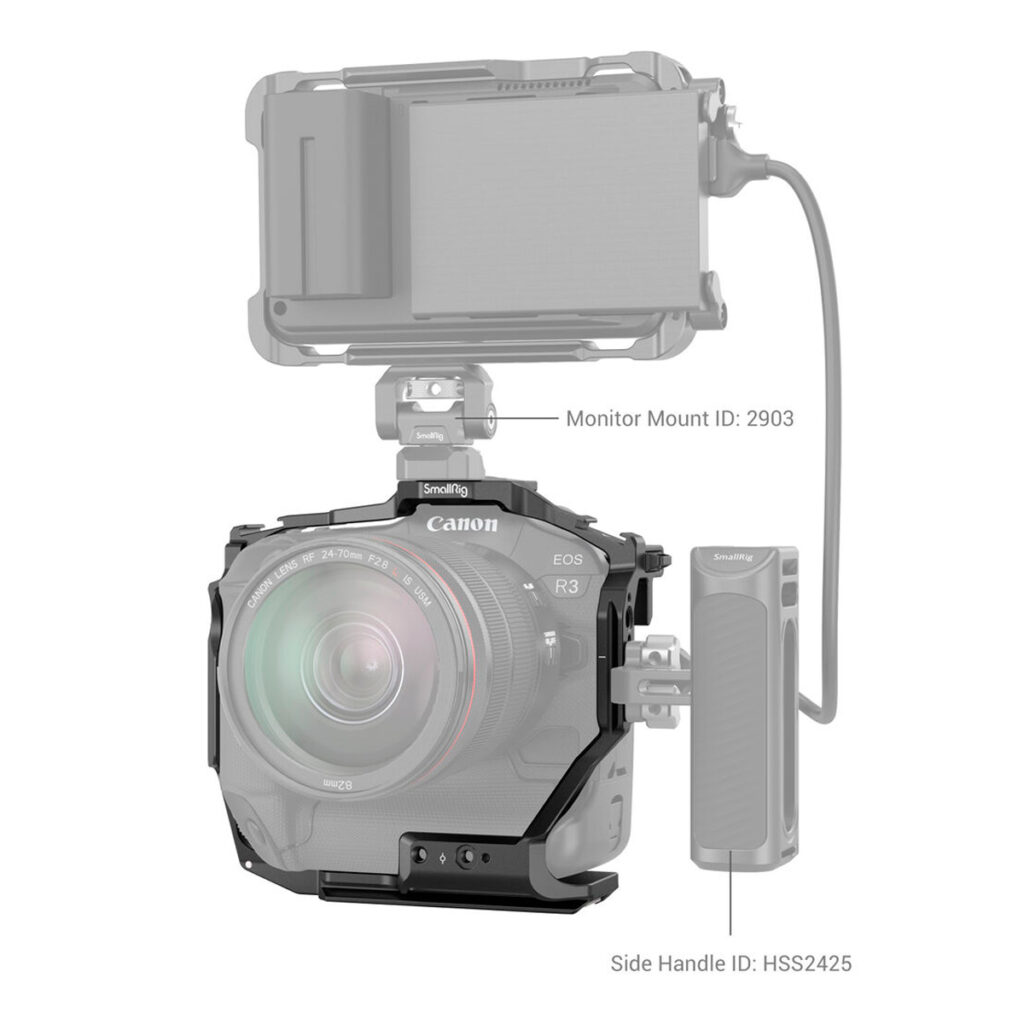 SmallRig-3884-7 Tekninen kaavio, jossa näkyy Canon EOS R3 objektiivin kanssa SmallRig 3884 -häkissä, jonka yläosassa on monitorikiinnike (2903) ja oikealla puolella kiinnitetty sivukahva (HSS2425).