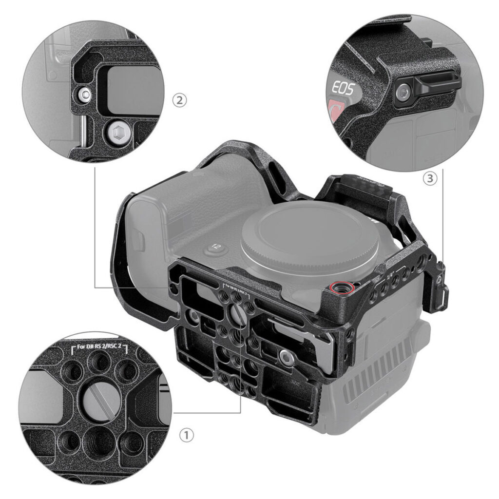 SmallRig-3890-3 SmallRig 3890 Black Mamba Cage for Canon EOS R5C on kuvassa mustana ja korostaa kiinnityspisteitä, painikkeita ja muotoilua. Kolme ympyränmuotoista inserttiä esittelee häkin tärkeimmät ominaisuudet läheltä.
