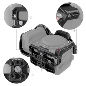 SmallRig-3890-3 SmallRig 3890 Black Mamba Cage for Canon EOS R5C on kuvassa mustana ja korostaa kiinnityspisteitä, painikkeita ja muotoilua. Kolme ympyränmuotoista inserttiä esittelee häkin tärkeimmät ominaisuudet läheltä.