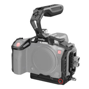 SmallRig-3891-1 SmallRig 3891 Handheld Black Mamba Kit on asennettu osittain läpinäkyvään Canon EOS R5C -kameraan, jossa esitellään häkin muotoilua ja kiinnitysominaisuuksia sekä sen yläkahvaa.