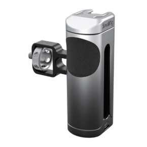 SmallRig-3894 The SmallRig 3894 Side Handle for Smartphone is a metal, cylindrical camera accessory featuring a textured grip, a mounting bracket, an opening for additional accessories and a tightening knob on the bracket.
