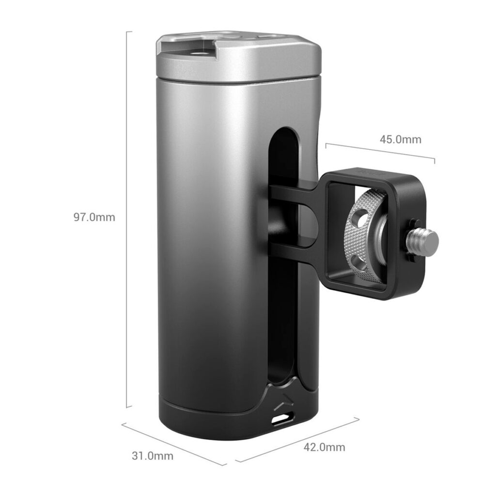 SmallRig-3894-3 SmallRig 3894 Side Handle for Smartphone on lieriömäinen hopean ja mustan värinen laite, jossa on säädettävä sivukannatin, jonka korkeus on 97,0 mm, leveys 45,0 mm (kannattimen kanssa) ja pohjan sivut 42,0 mm ja 31,0 mm.