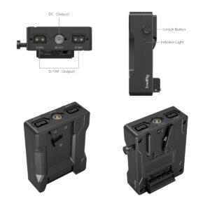 SmallRig-3898-3 Neljä kuvakulmaa SmallRig 3898 V-Mount Battery Plate Adapter for RED V-Raptor -akkulevysovittimesta, jossa näkyvät merkityt DC-lähtöportit, D-TAP-ulostulot, lukituksen avauspainike, merkkivalo ja kompakti suorakulmainen muotoilu kiinnitysliitännällä.