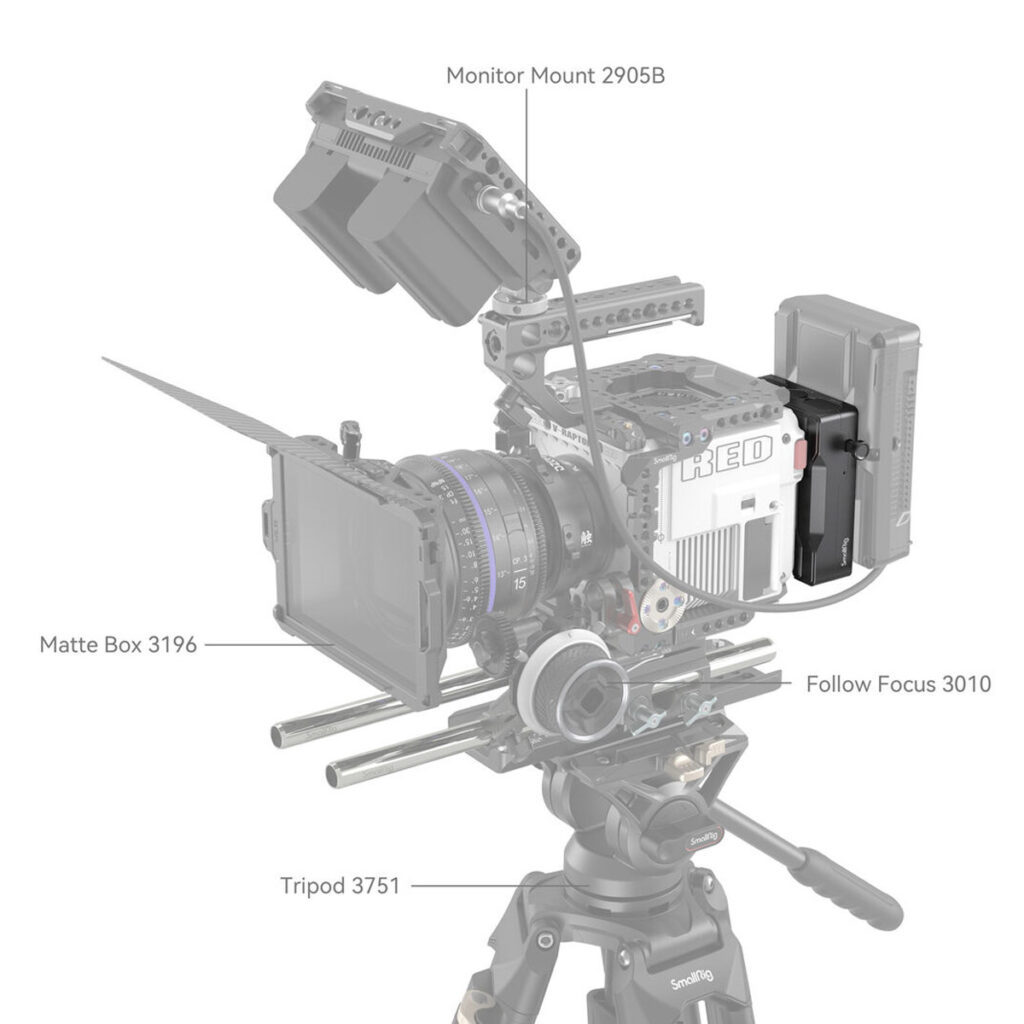 SmallRig-3898-5 Ammattimainen RED-kameravarustus, jossa on SmallRig 3898 V-Mount Battery Plate Adapter for RED V-Raptor, Monitor Mount 2905B, Matte Box 3196, Follow Focus 3010 ja Tripod 3751. Jokainen komponentti on selvästi korostettu ja merkitty.