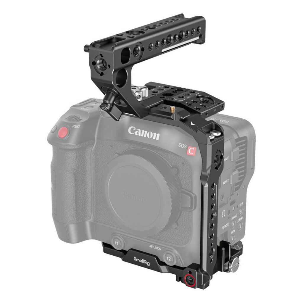 SmallRig-3899-1 Canon EOS C70 mustassa SmallRig 3899 Handheld Kit -kamerahäkissä, jossa on yläkahva ja jossa näkyy sivukiinnityspisteet ja hallintalaitteet. Objektiivia ei ole kiinnitetty.