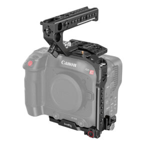 SmallRig-3899-1 Canon EOS C70 mustassa SmallRig 3899 Handheld Kit -kamerahäkissä, jossa on yläkahva ja jossa näkyy sivukiinnityspisteet ja hallintalaitteet. Objektiivia ei ole kiinnitetty.