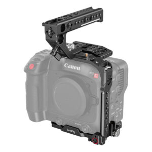 SmallRig-3899-1 Canon EOS C70 mustassa SmallRig 3899 Handheld Kit -kamerahäkissä, jossa on yläkahva ja jossa näkyy sivukiinnityspisteet ja hallintalaitteet. Objektiivia ei ole kiinnitetty.