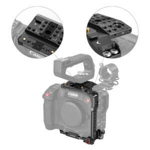 SmallRig-3899-3 SmallRig 3899 Handheld Kit for Canon EOS C70 -mallissa on ylä- ja sivukahvat; lähikuvat korostavat häkin kiinnityspisteitä ja ruuvinreikiä lisävarusteiden kiinnittämistä varten.