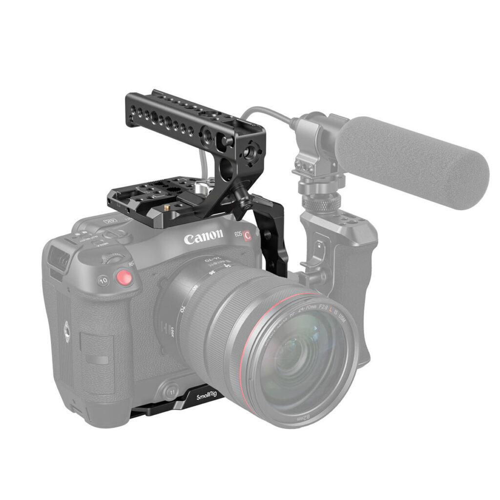 SmallRig-3899-4 SmallRig 3899 Handheld Kit Canon EOS C70:lle sisältää vakauttavan metallikahvan ja tilaa lisävarusteille, kuten ulkoiselle mikrofonille ja laajakuvausobjektiiville.