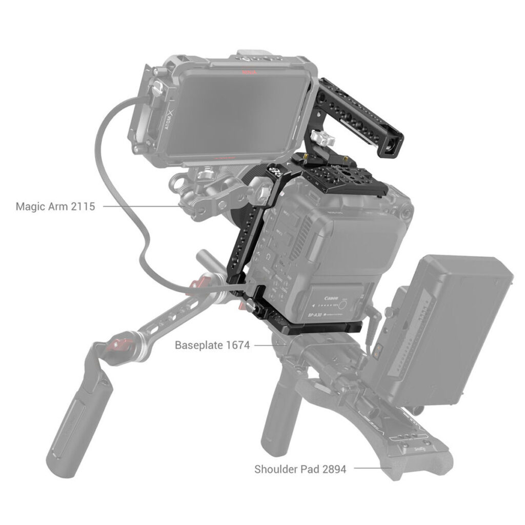 SmallRig-3899-5 SmallRig 3899 Handheld Kit Canon EOS C70:lle sisältää Magic Arm 2115 -varren näytön tueksi, Baseplate 1674 kameran alla ja Shoulder Pad 2894 selässä mukavaa käsivaralta kuvaamista varten.