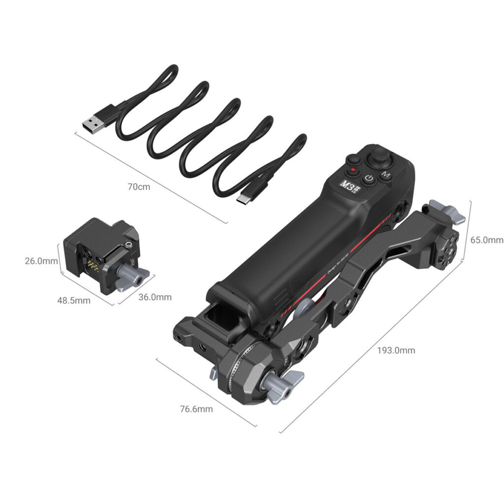 SmallRig-3919-2 SmallRig 3919 Sling Handgrip with Wireless Control for DJI RS Series -mallissa on kahva, ohjauspainikkeet, USB-latauskaapelit ja liitin kiinnitys. Kunkin komponentin mitat ja pituudet on merkitty millimetreinä.