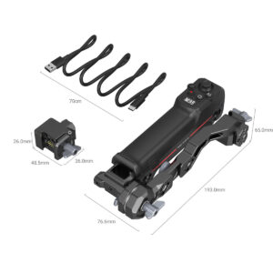 SmallRig-3919-2 SmallRig 3919 Sling Handgrip with Wireless Control for DJI RS Series -mallissa on kahva, ohjauspainikkeet, USB-latauskaapelit ja liitin kiinnitys. Kunkin komponentin mitat ja pituudet on merkitty millimetreinä.