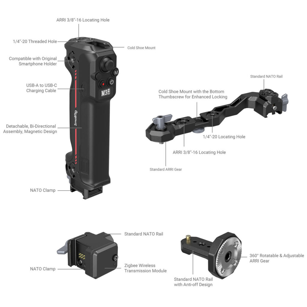 SmallRig-3919-3 Yksityiskohtainen kaavio SmallRig 3919 Sling Handgrip with Wireless Control for DJI RS Series -laitteesta, jossa näkyy moniporttinen kahva, kylmäkenkäkiinnitys, NATO-kiinnikkeet, kierrereiät ja 360° kääntyvä hammaspyörä, joista jokaisessa on merkitty ominaisuudet ja toiminnot.