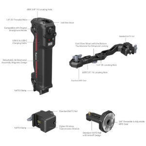SmallRig-3919-3 Yksityiskohtainen kaavio SmallRig 3919 Sling Handgrip with Wireless Control for DJI RS Series -laitteesta, jossa näkyy moniporttinen kahva, kylmäkenkäkiinnitys, NATO-kiinnikkeet, kierrereiät ja 360° kääntyvä hammaspyörä, joista jokaisessa on merkitty ominaisuudet ja toiminnot.