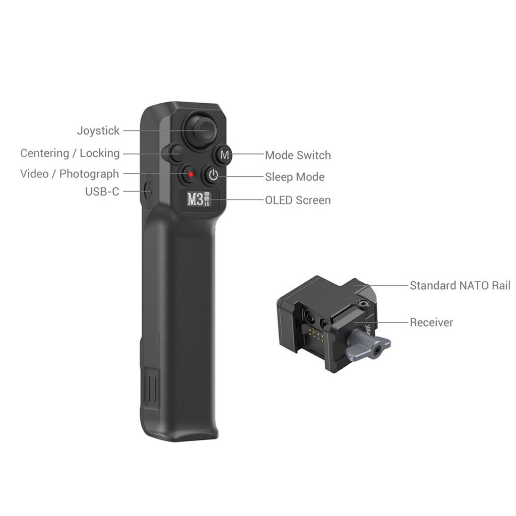 SmallRig-3920-2 SmallRig 3920 Wireless Controller for DJI RS Series -ohjaimen ja sen vastaanottimen merkityssä kaaviossa näkyvät osat, kuten joystick, tilakytkin, video/valokuvapainike, lepotila, keskitys/lukitus, USB-C-portti, OLED-näyttö, NATO-kisko ja vastaanotin.
