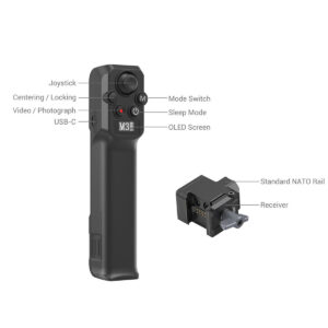 SmallRig-3920-2 SmallRig 3920 Wireless Controller for DJI RS Series -ohjaimen ja sen vastaanottimen merkityssä kaaviossa näkyvät osat, kuten joystick, tilakytkin, video/valokuvapainike, lepotila, keskitys/lukitus, USB-C-portti, OLED-näyttö, NATO-kisko ja vastaanotin.