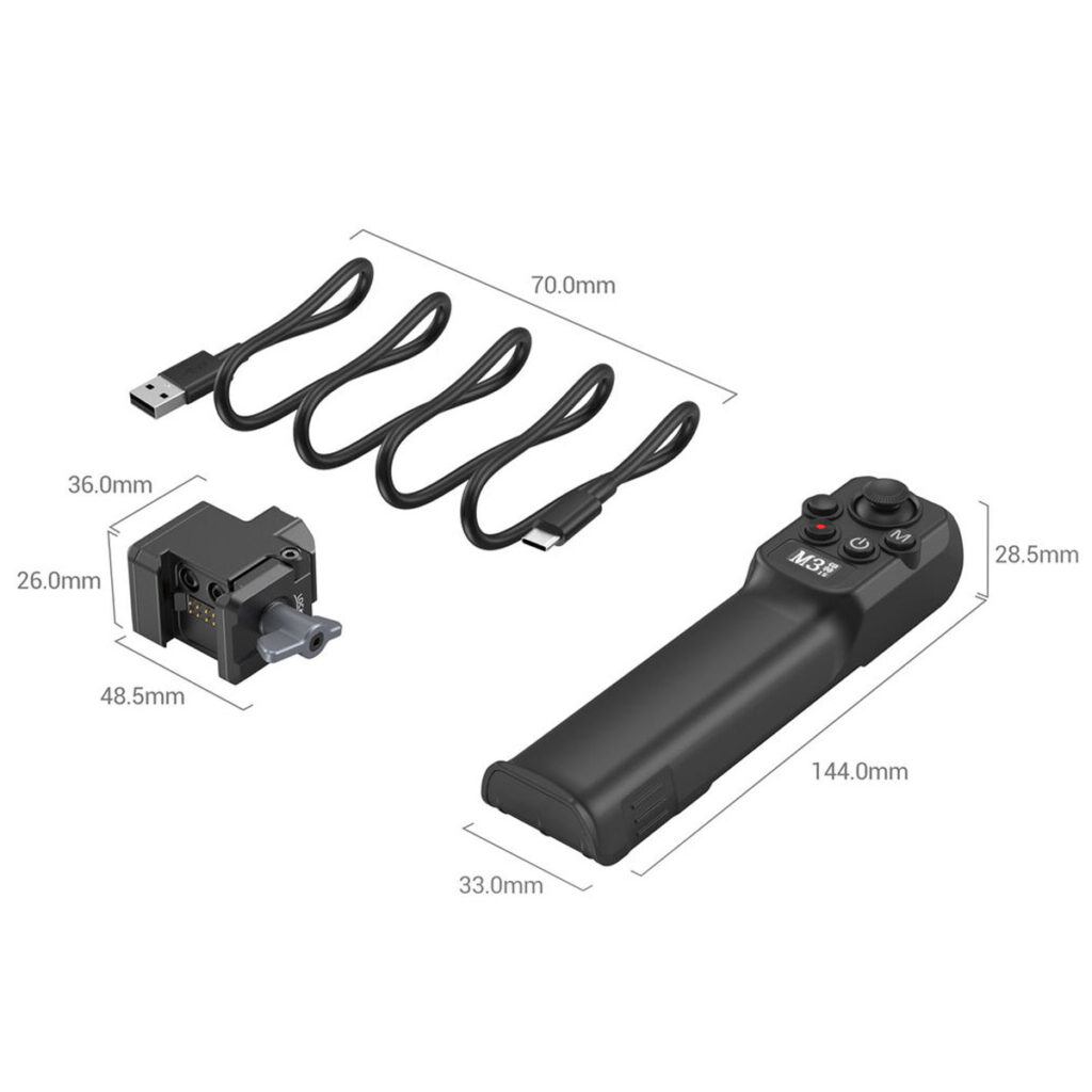 SmallRig-3920-3 SmallRig 3920 langaton ohjain DJI RS-sarjalle sisältää USB-kaapelin, kompaktin moottorin mittojen kanssa ja mustan käsikäyttöisen M31-ohjaimen painikkeilla, joista jokainen tuote näytetään mittojen kanssa.