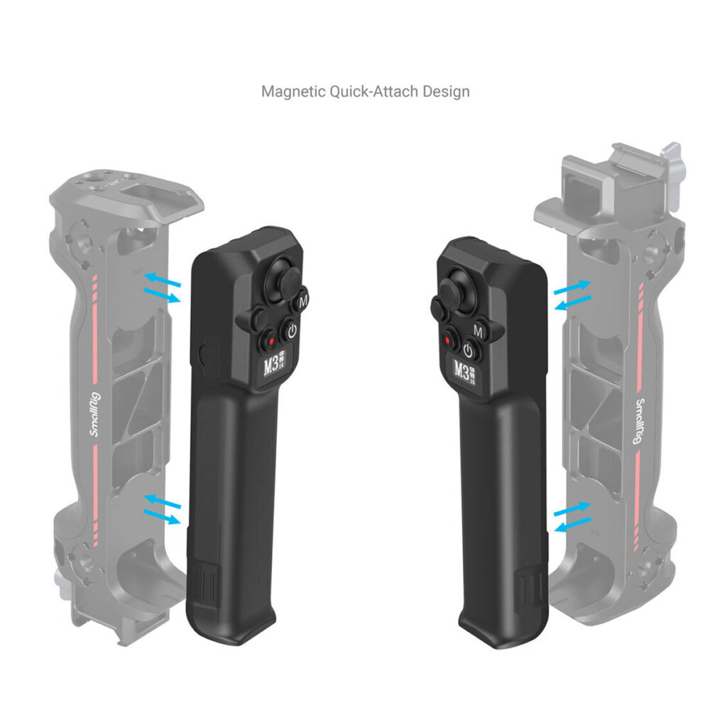 SmallRig-3920-4 Kaksi mustaa SmallRig 3920 -langatonta ohjainta DJI RS -sarjalle on kuvassa kiinnitetty magneettisesti kahteen kamerahäkin runkoon, ja siniset nuolet osoittavat liitäntäkohdat. Yllä olevassa tekstissä lukee Magnetic Quick-Attach Design.