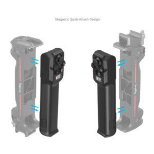 SmallRig-3920-4 Kaksi mustaa SmallRig 3920 -langatonta ohjainta DJI RS -sarjalle on kuvassa kiinnitetty magneettisesti kahteen kamerahäkin runkoon, ja siniset nuolet osoittavat liitäntäkohdat. Yllä olevassa tekstissä lukee Magnetic Quick-Attach Design.