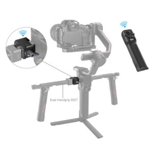 SmallRig-3920-5 Kaavio, jossa SmallRig 3920 Wireless Controller for DJI RS Series on asennettu gimbaliin, jossa on kaksoiskahva ja jalustan jalusta. Sisäkuvassa korostuu sen langaton vastaanotin, ja kauko-ohjain on esitetty kauko-ohjauksen merkkinä.
