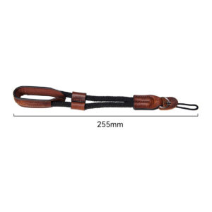 SmallRig-3926-3 SmallRig 3926 Universal Wrist Strap Vintage -rannehihna, musta ja ruskea, jossa on nahka-aksentteja ja pituus 255 mm, näkyy valkoisella pohjalla.