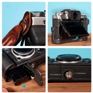 SmallRig-3927-4 Neljästä lähikuvasta koostuva kollaasi näyttää SmallRig 3927 Half Case & Wrist Strap for Fujifilm X-T5 -kameran, jossa korostuvat hihna, kallistettava näyttö, akkulokero ja pohjan kiinnitysreikä.