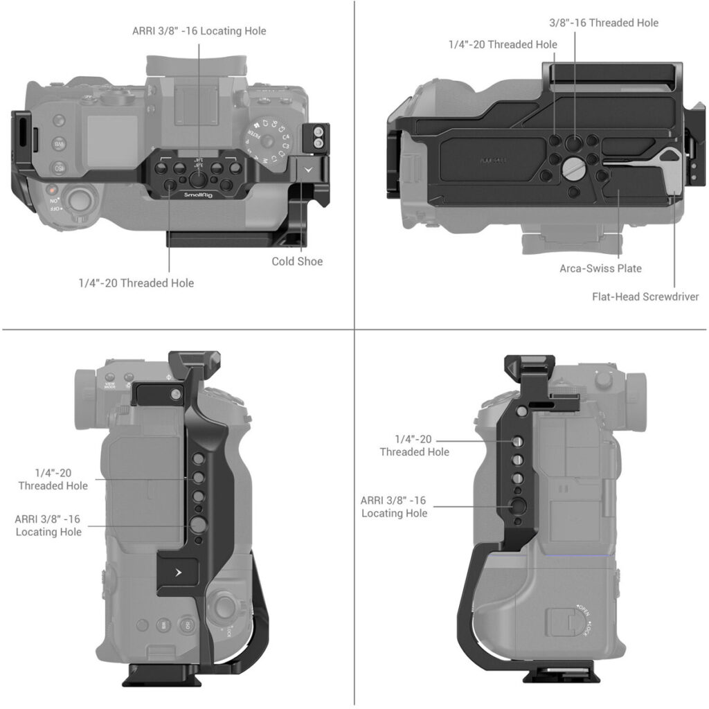 SmallRig 3933 Cage for Fujifilm X-H2S with FT-XH / VG-XH Battery Grip on esitetty neljästä kulmasta, ja siinä korostuvat 1/4"-20 ja 3/8"-16 kierteiset reiät, kylmäkenkä, Arca-Swiss-levy sekä merkittyjen kiinnityspisteiden ja ruuvien paikat.