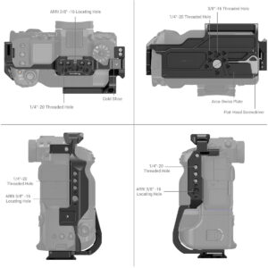 SmallRig 3933 Cage for Fujifilm X-H2S with FT-XH / VG-XH Battery Grip on esitetty neljästä kulmasta, ja siinä korostuvat 1/4"-20 ja 3/8"-16 kierteiset reiät, kylmäkenkä, Arca-Swiss-levy sekä merkittyjen kiinnityspisteiden ja ruuvien paikat.