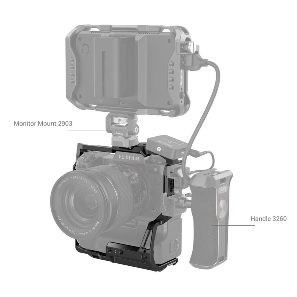 Fujifilm-kamera SmallRig 3933 Cage for X-H2S with FT-XH/VG-XH Battery Grip -kamerahäkissä, joka on varustettu objektiivilla, yläosan monitorilla, jossa on merkintä Monitor Mount 2903, ja oikeanpuoleisella kahvalla, jossa on merkintä Handle 3260.