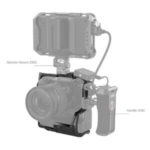 Fujifilm-kamera SmallRig 3933 Cage for X-H2S with FT-XH/VG-XH Battery Grip -kamerahäkissä, joka on varustettu objektiivilla, yläosan monitorilla, jossa on merkintä Monitor Mount 2903, ja oikeanpuoleisella kahvalla, jossa on merkintä Handle 3260.