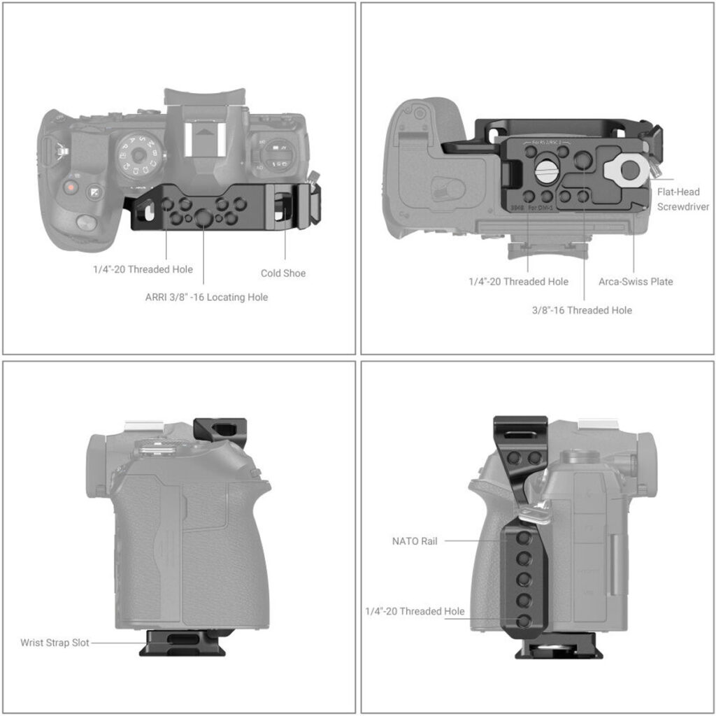 SmallRig-3948-3 Kaavio SmallRig 3948 Camera Cage for OM System OM-1 -kamerahäkistä kiinnitettynä kameraan neljästä kulmasta, ja siinä näkyvät merkityt osat: kylmäkenkä, ARRI-paikannusreikä, kierrereiät, Arca-Swiss-levy, rannehihna-aukko, litteäpäinen ruuvimeisseli ja NATO-kisko.