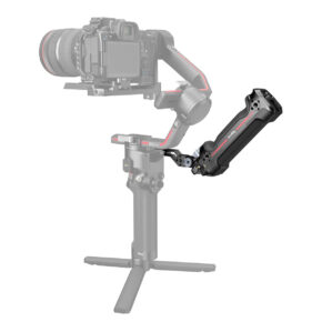 SmallRig-3950 A professional camera mounted on a portable gimbal – the DJI RS series SmallRig 3950 Sling Handgrip — featuring black and red accents — is shown against a plain white background.