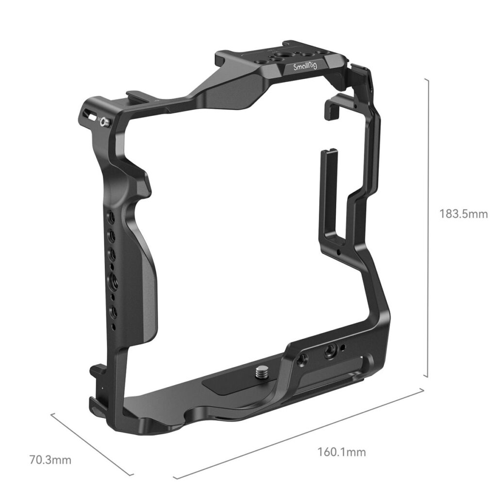 SmallRig-3982-2 SmallRig 3982 Cage for Nikon Z8 with MB-N12 Battery Grip on 183,5 mm korkea, 160,1 mm leveä ja 70,3 mm syvä musta metallihäkki, jossa on useita kiinnityspisteitä ja minimalistinen avokehyksinen muotoilu.