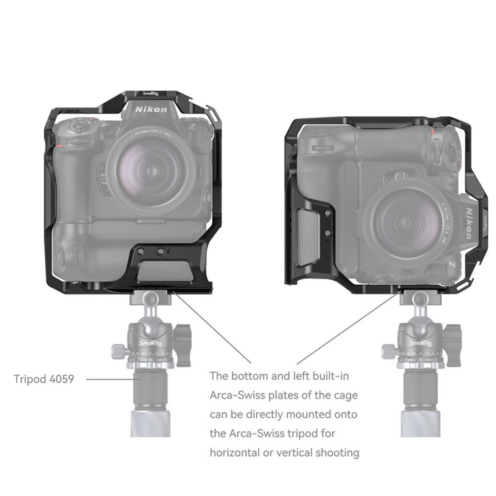 SmallRig-3982-5 Kaavio SmallRig 3982 Cage for Nikon Z8 with MB-N12 Battery Grip asennettuna vaakasuoraan ja pystysuoraan jalustapäähän, jossa näkyy sisäänrakennetut Arca-Swiss-levyt suoraa jalustakiinnitystä varten molemmissa asennoissa.