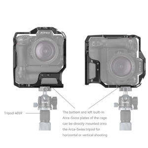 SmallRig-3982-5 Kaavio SmallRig 3982 Cage for Nikon Z8 with MB-N12 Battery Grip asennettuna vaakasuoraan ja pystysuoraan jalustapäähän, jossa näkyy sisäänrakennetut Arca-Swiss-levyt suoraa jalustakiinnitystä varten molemmissa asennoissa.