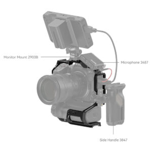 SmallRig-3982-6 SmallRig 3982 Cage for Nikon Z8 with MB-N12 Battery Grip -kamerakahvassa on monitorikiinnike 2903B kameran päällä, mikrofoni 3487 kameran yläpuolella ja sivukahva 3847 oikealla puolella.