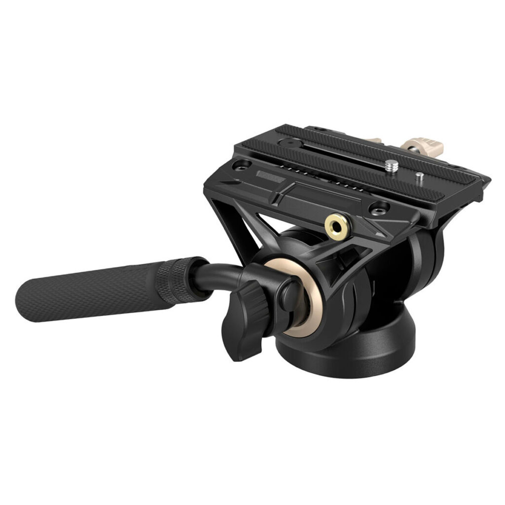 SmallRig-3985-2 SmallRig 3985 Fluid Head DH-01 -videopää on musta-hopea kolmijalkainen nestepää, jossa on pitkä kuvioitu kahva, pikavapautuslevy ja säätönupit kameran sulavaa liikuttelua ja asemointia varten.