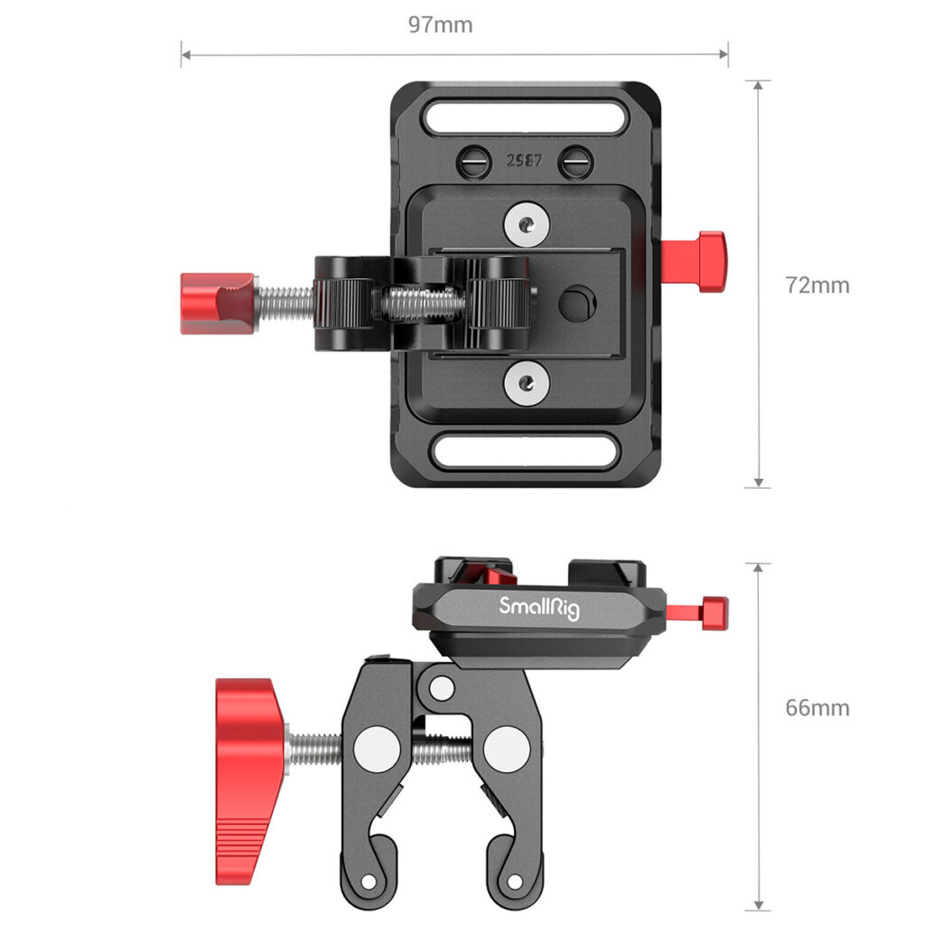 SmallRig-3989-2 Kaavio SmallRig 2989 Battery Plate Mini V-Mount with Crab Clamp -akkulevystä, jossa näkyvät mitat: 97 mm leveä, 72 mm korkea (ylhäältä katsottuna) ja 66 mm korkea (sivulta katsottuna). Ominaisuuksiin kuuluvat punaiset kiristysnupit ja metalliosat.
