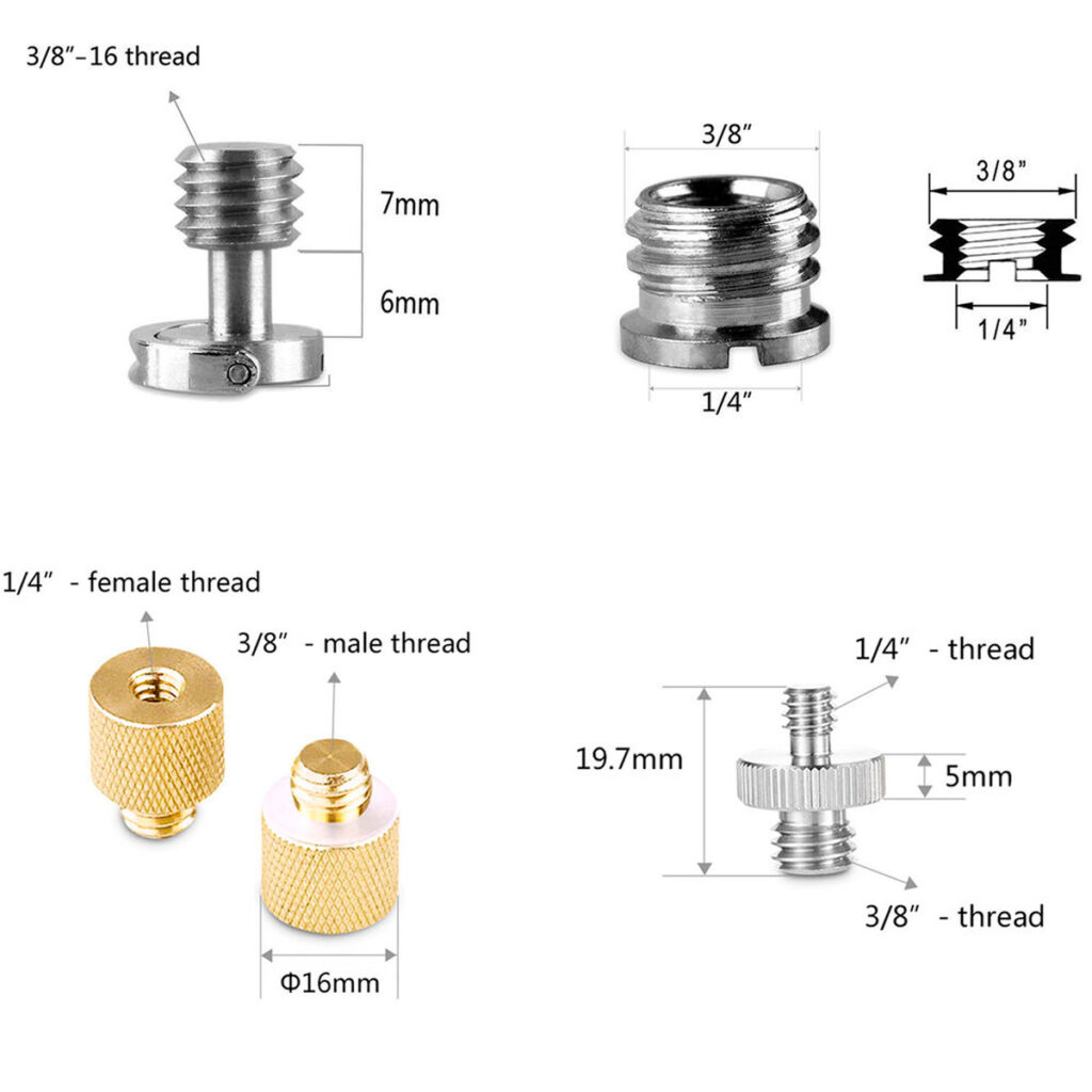 SmallRig-3995-4 SmallRig 3995 Screw Ratchet Wingnut Set sisältää hopeanväriset ja kultaiset metalliset ruuvisovittimet koossa 3/8 - 1/4 ja 1/4 - 3/8, joissa on merkitty mitat ja jotka sopivat ihanteellisesti kameran jalustoihin.