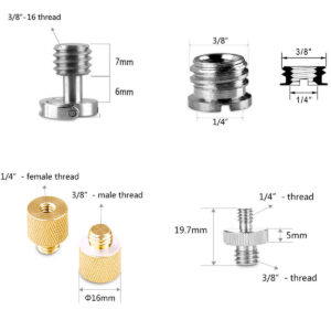 SmallRig-3995-4 SmallRig 3995 Screw Ratchet Wingnut Set sisältää hopeanväriset ja kultaiset metalliset ruuvisovittimet koossa 3/8 - 1/4 ja 1/4 - 3/8, joissa on merkitty mitat ja jotka sopivat ihanteellisesti kameran jalustoihin.