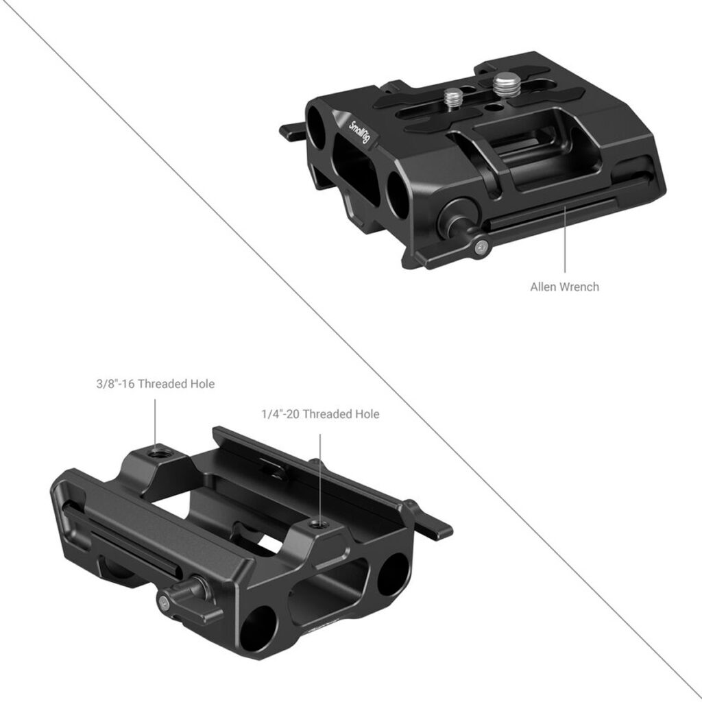 SmallRig-4002-5 Kaksi SmallRig 4002 15mm Dovetail-pohjalevyä mustaa metallia, joissa on merkitty kuusiokoloavain, 3/8"-16 ja 1/4"-20 kierteiset reiät, näytetään eri kulmista valkoisella pohjalla.