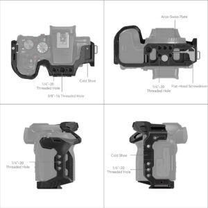 SmallRig-4004-3 Neljä merkittyä kaaviokuvaa esittelee SmallRig 4004 Black Mamba Cage for Canon EOS R10 -kameran, jossa korostuvat kylmäkenkäkiinnitys, useat 1/4-20- ja 3/8-16-kierteiset reiät, Arca-Swiss-levy ja litteäpäinen ruuvimeisseli.